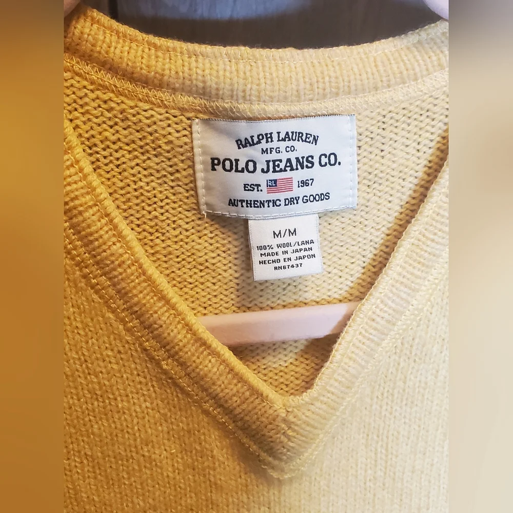 Ralph Lauren V Neck Sweater Polo Jeans Pullover 100% Wool Size Medium Yellow - Picture 3 of 5